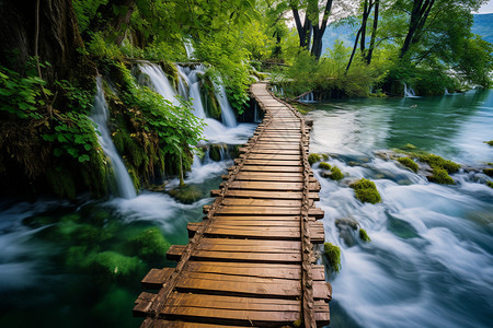 美丽的瀑布和木桥背景图片