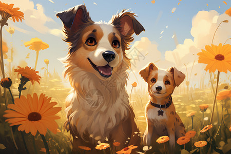 旁边是一只狗两只可爱的动物小狗插画