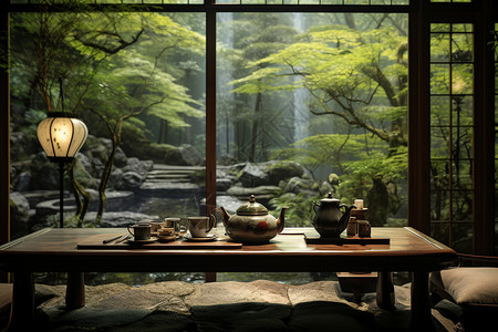中式茶馆里的茶具背景图片