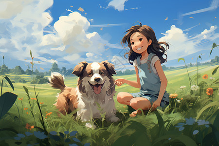 草地上嬉戏的小狗和女孩背景图片