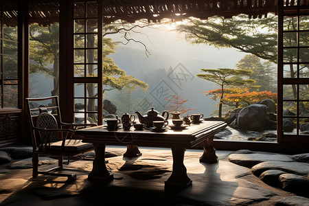 清晨的茶馆茶室背景图片