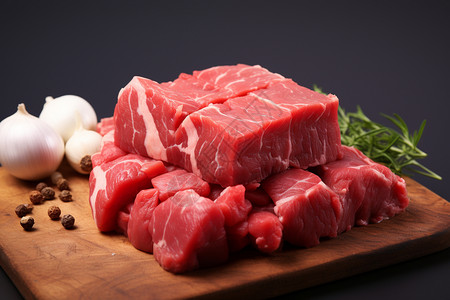切菜板上的生牛肉切块图片