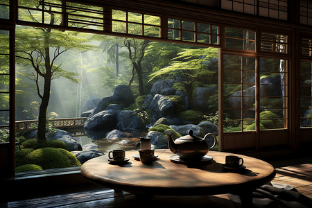 森林中式山下的中式茶馆背景