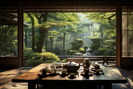 森林中的茶馆背景图片