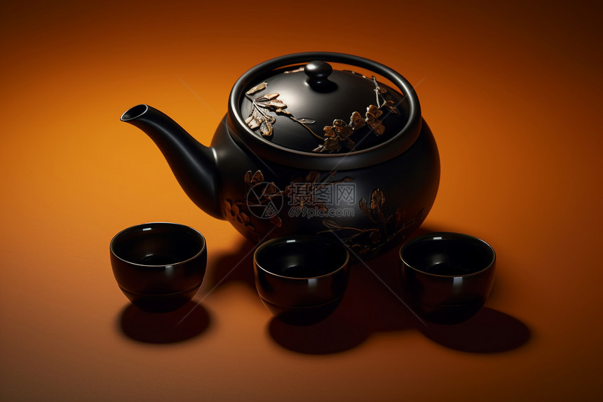 黑色花纹的茶具图片