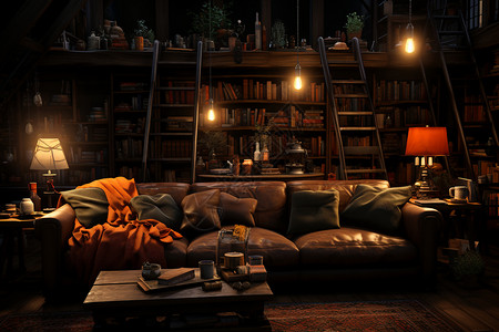 客厅内的书架和沙发背景图片