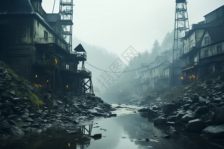 山脉中的村庄和雾霾背景图片