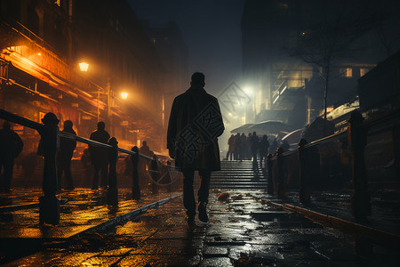 昏暗场景破旧城市街道的孤独男子设计图片