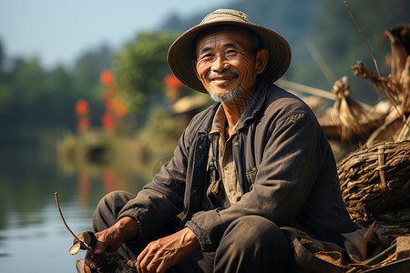 河边微笑的渔民图片