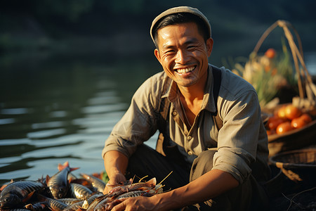 丰收鱼获的农民图片
