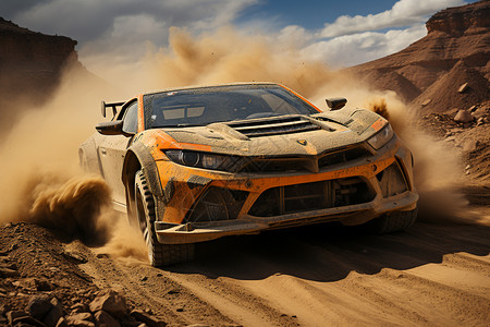 沙尘轮胎沙漠之路上速度飘扬的赛车背景