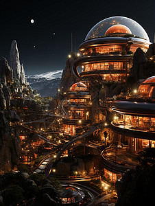 火星日落下的未来城市背景图片