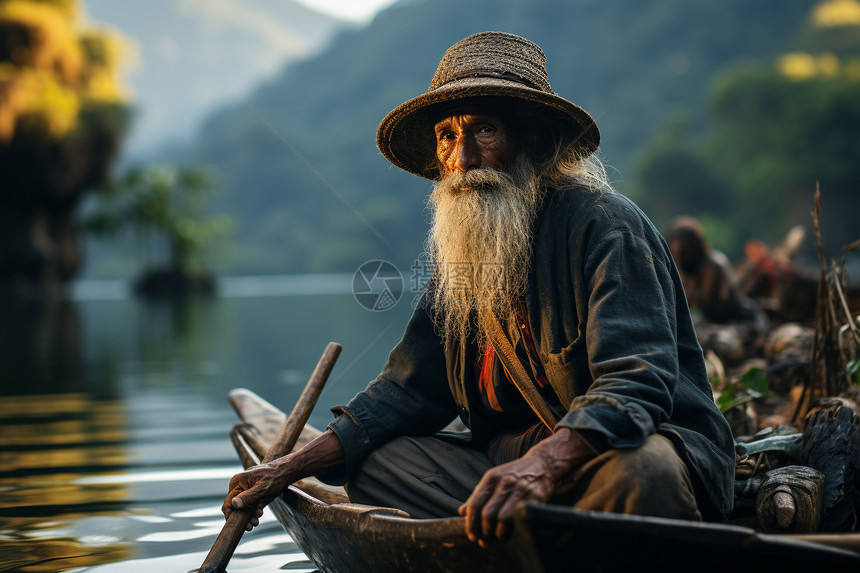 木船上的长胡子渔民图片