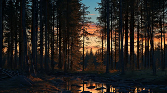 日落时森林中的树木高清图片