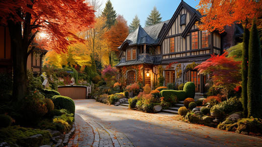 秋季户外的住宅房屋背景图片
