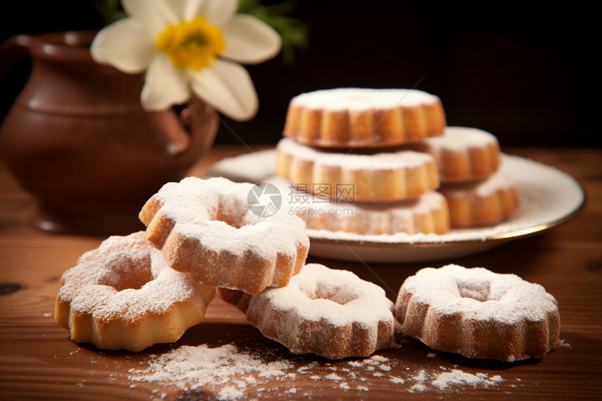 新鲜烘焙的糖霜甜甜圈图片