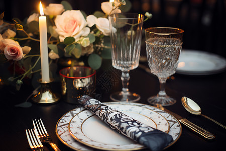 浪漫晚宴的餐桌摆盘图片