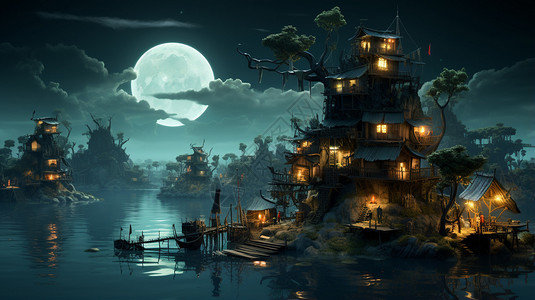 马尔代夫满月岛夜晚神秘的木屋插画