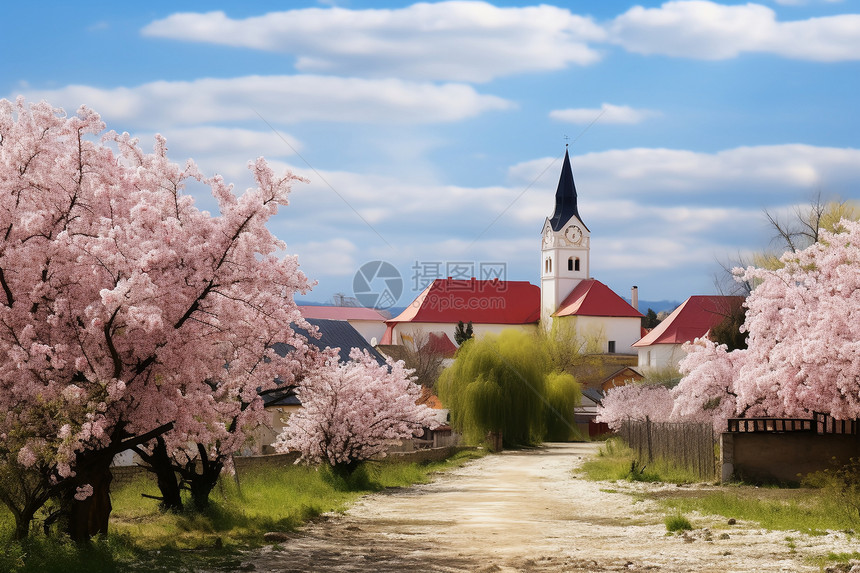 农村的樱花和建筑图片