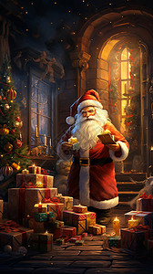 礼物旁的圣诞老人背景图片