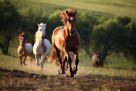 在草地上奔跑的马群图片
