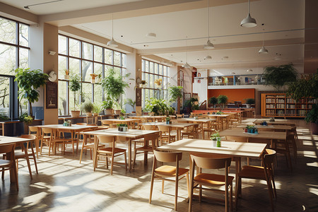 木制桌椅的学校食堂高清图片
