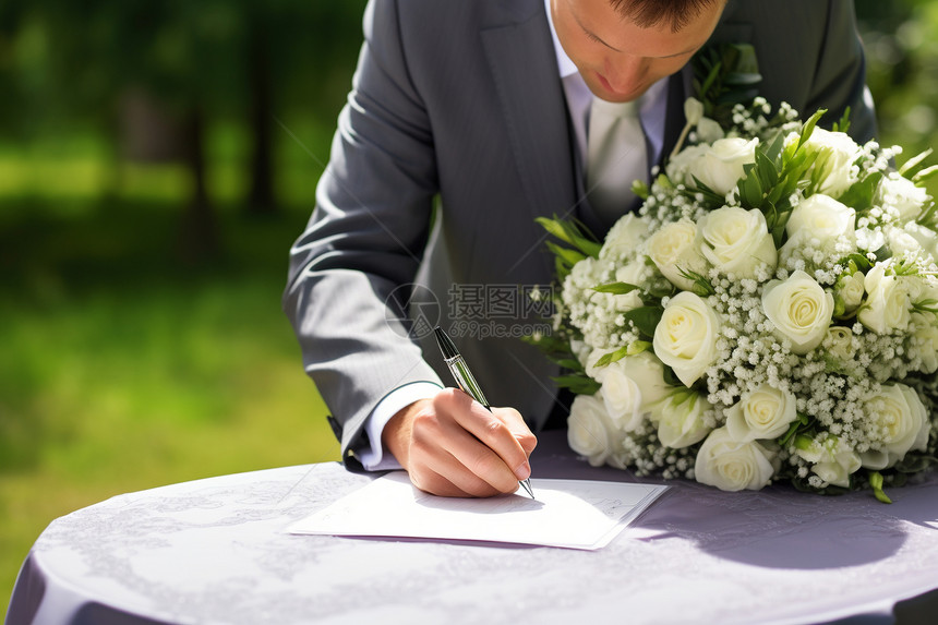 婚礼上签署合同的新郎图片