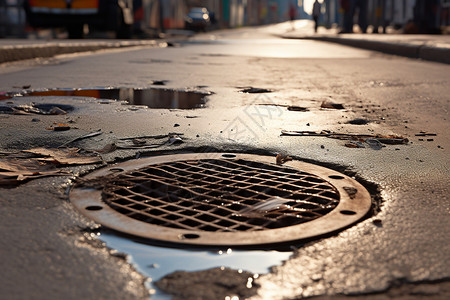 城市街道下水道的井盖背景图片