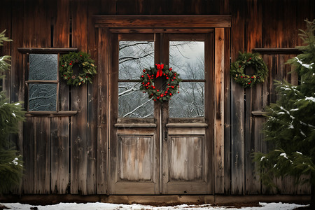 木质小屋门前的花环背景图片