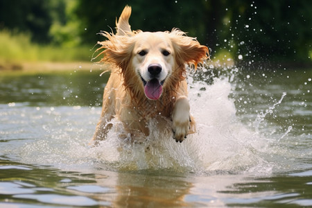 水中狂奔的金毛犬图片