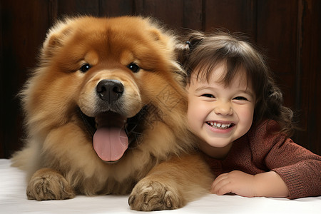 高冷松狮犬可爱的小女孩和松狮犬背景