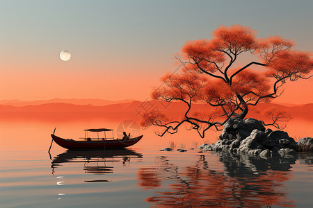 中式国风游船场景背景图片