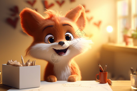 拿着铅笔的狐狸可爱的3D卡通狐狸插画