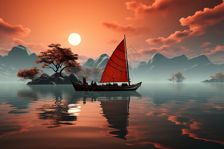 夕阳湖泊上的小舟图片