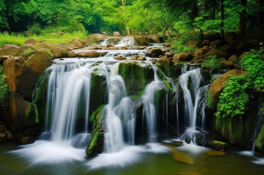 夏季森林瀑布的美丽景观图片