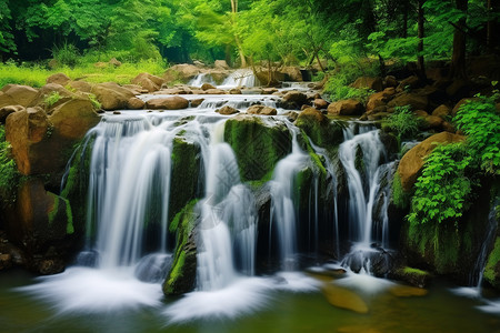 春风拂面字体夏季森林瀑布的美丽景观背景