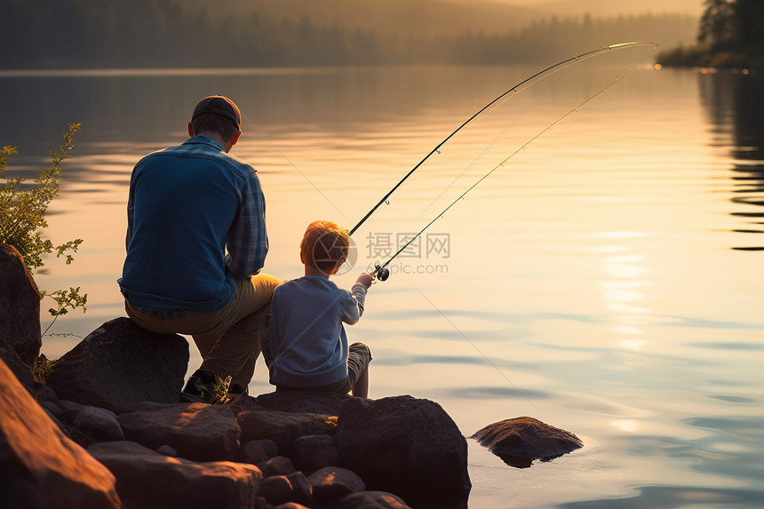 湖畔钓鱼的父子图片