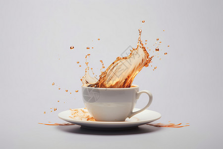 手绘饮品咖啡白色背景上飞溅的咖啡液体设计图片