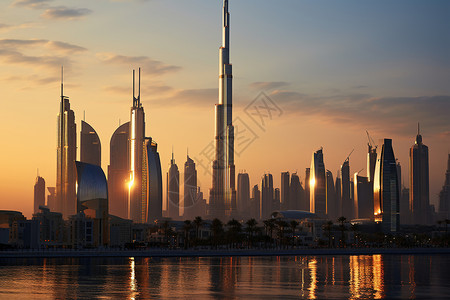 迪拜海边壮观的迪拜城市建筑景观背景