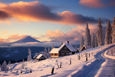 白雪皑皑的森林村庄景观图片