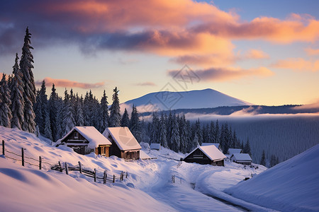 冬季美丽的森林村庄景观图片