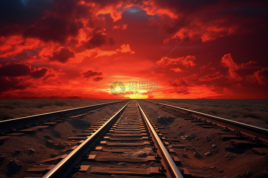 黄昏时火车轨道的天空景观图片