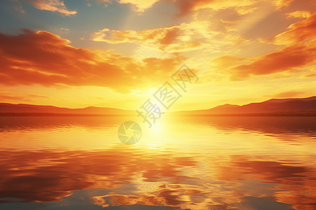 清晨日出的平静湖面图片