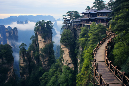 张家界桥悬崖山顶的传统建筑背景