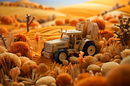 大型拖拉机模型秋季农田中的收割机插画