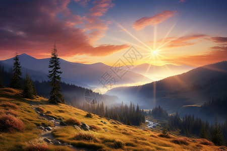 夕阳光芒下的山林景观图片