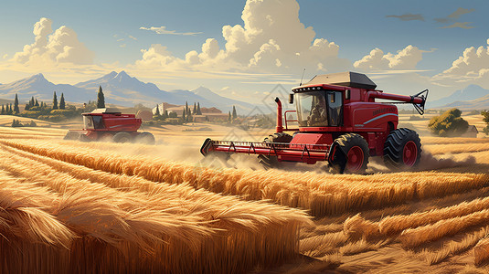 秋季麦田收获的收割机背景图片