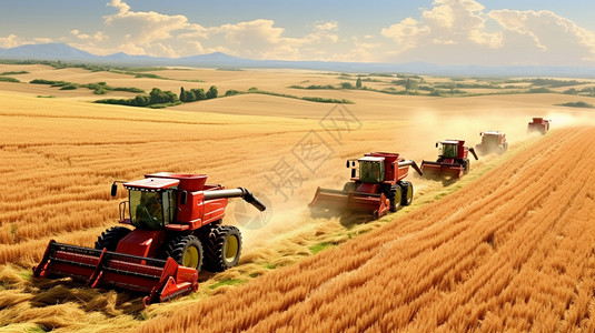 秋季麦田中丰收的收割机高清图片