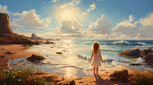 度假海滩上的小女孩背景图片