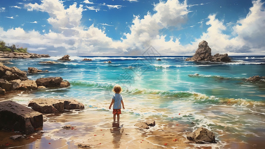 海滩上玩耍的小男孩背景图片